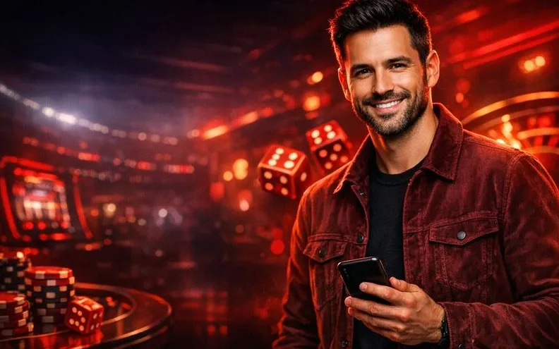 Personaggio Powerbet con smartphone su sfondo scuro