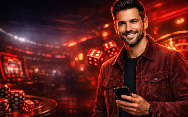 Personaggio Powerbet in maglia rossa su sfondo stadio notturno