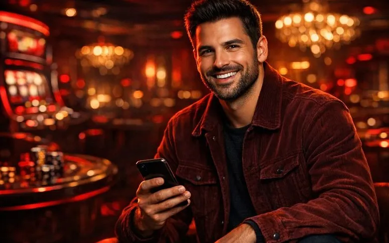 Personaggio Powerbet su sfondo di slot machine al neon