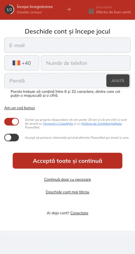 Modulo di registrazione Power Bet step 1